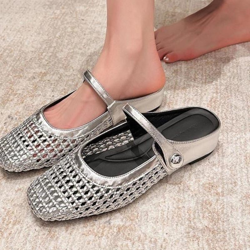 Goldie woven Mary Jane mule flat in brown, top-down view showing woven detail