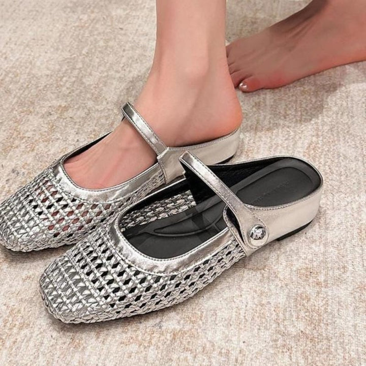 Goldie woven Mary Jane mule flat in brown, top-down view showing woven detail