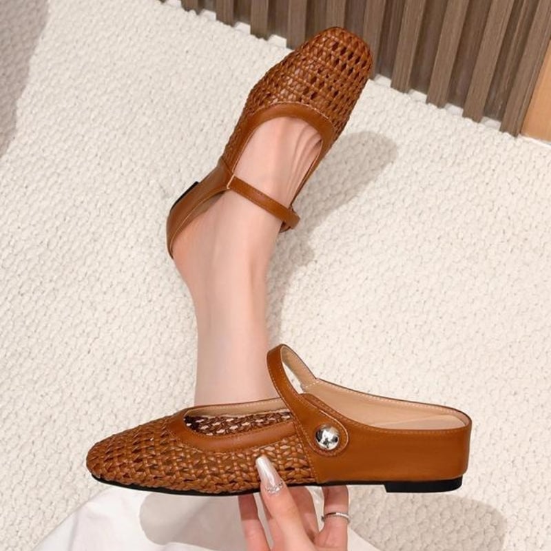 Goldie woven Mary Jane mule flats in multiple colors arranged together