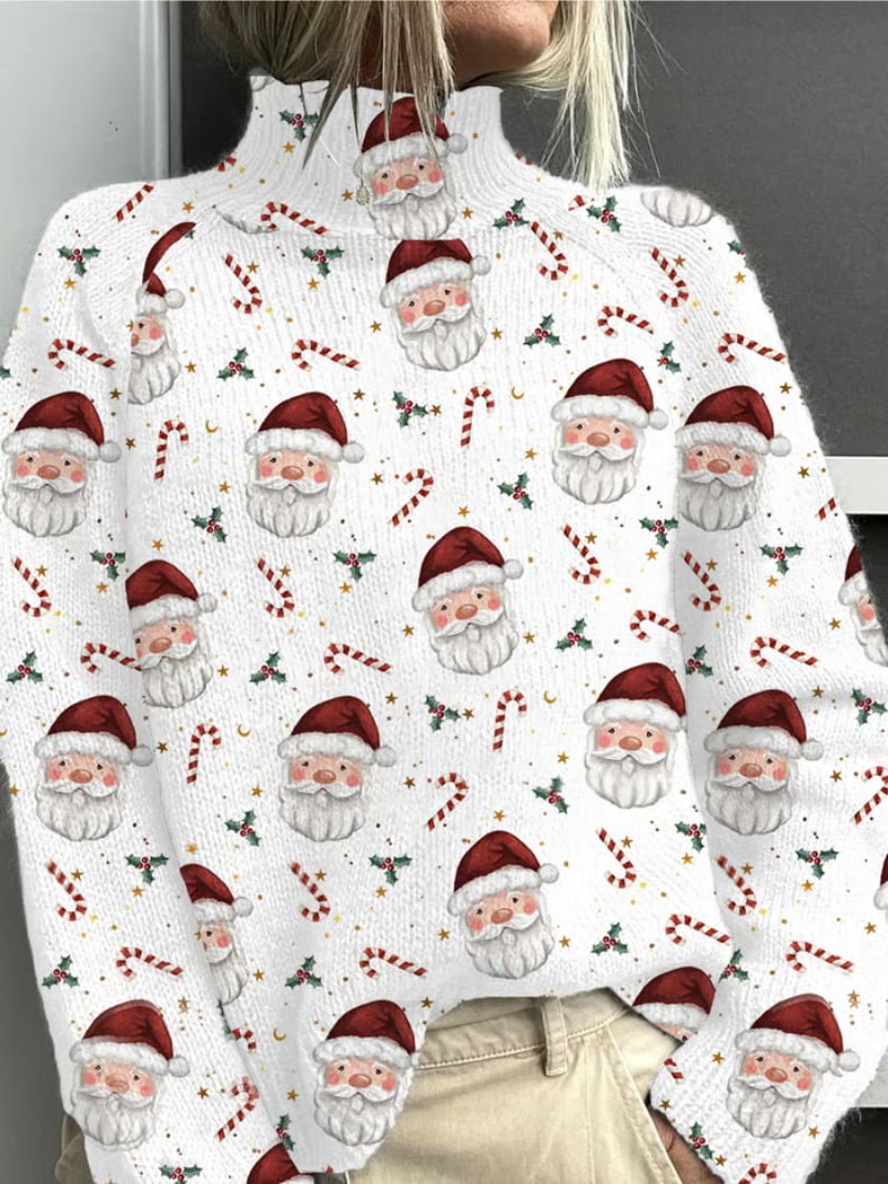White Christmas sweater with a festive Santa print, shown in full length on a model, available in sizes S to 5XL