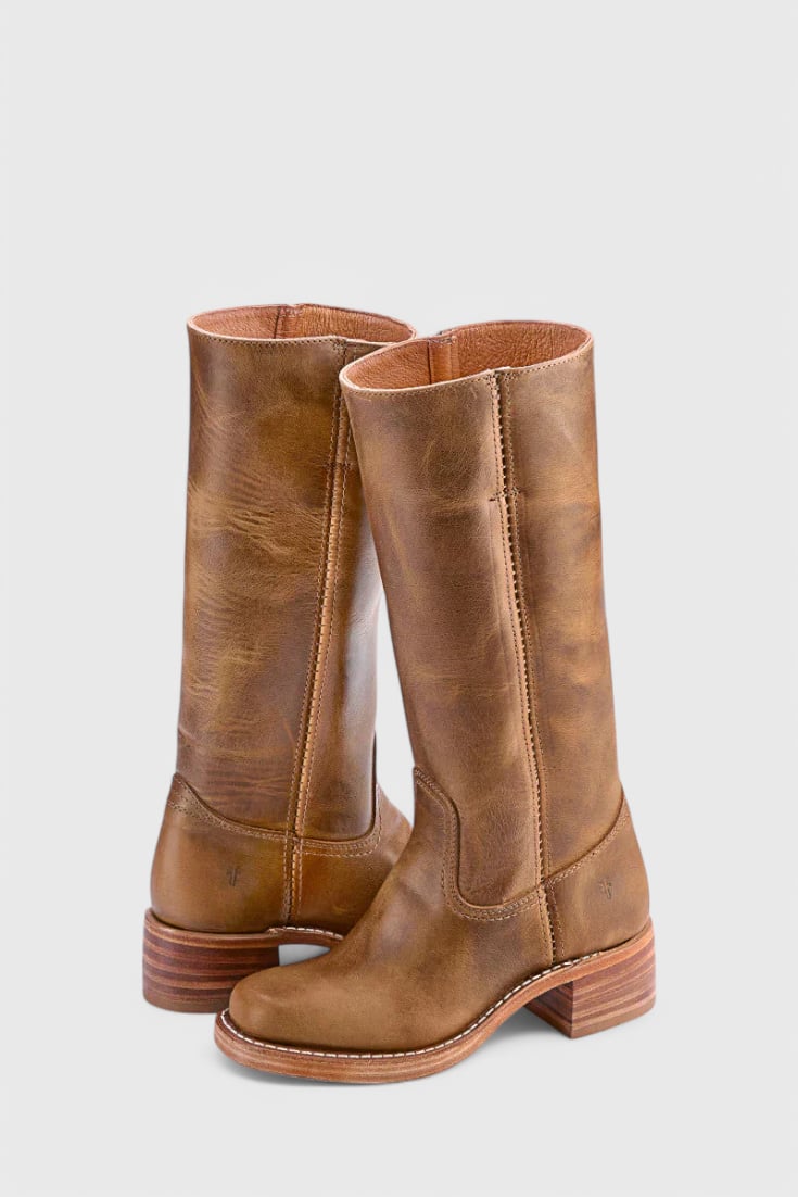 Grace modern classic boots in dark brown styled with tailored pants