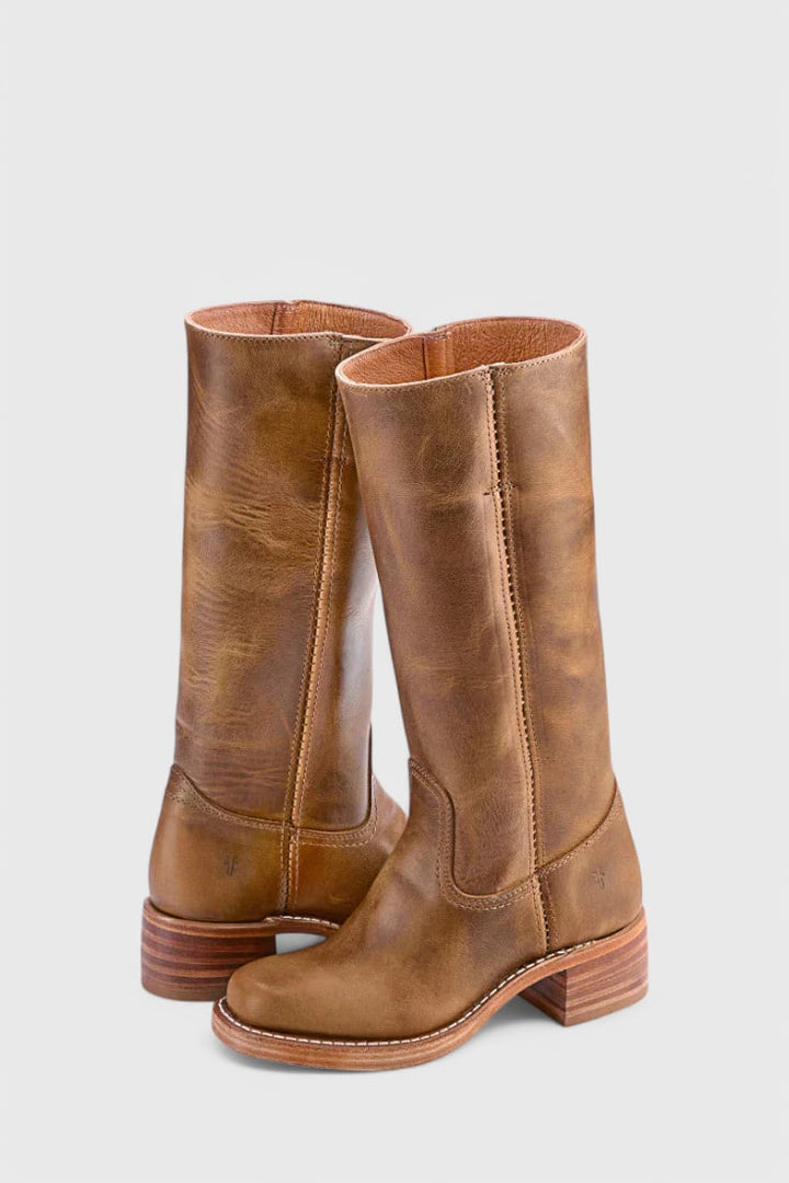 Grace modern classic boots in dark brown styled with tailored pants