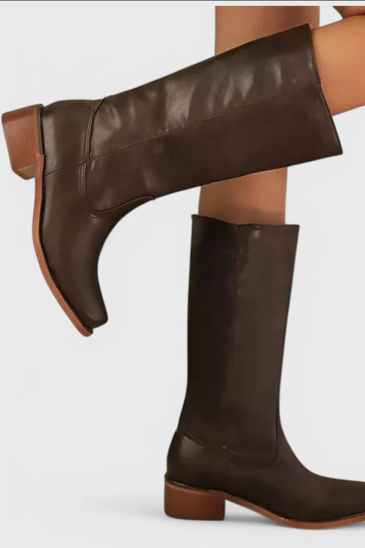 Grace modern classic boots in brown displayed as a pair from above