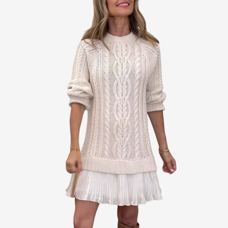 Model wearing the Grace unique sweater dress in a flattering knit silhouette, styled with boots for a polished fall look