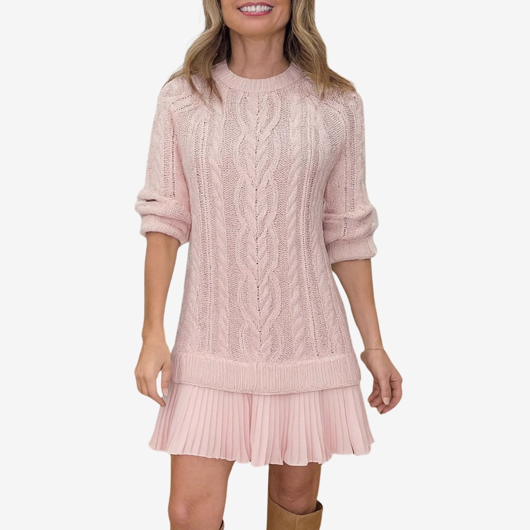 Close-up detail of the Grace sweater dress showing distinctive knit texture and elegant design elements