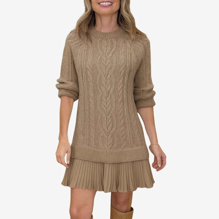 Front view of the Grace sweater dress draped gracefully, highlighting its refined and comfortable fit
