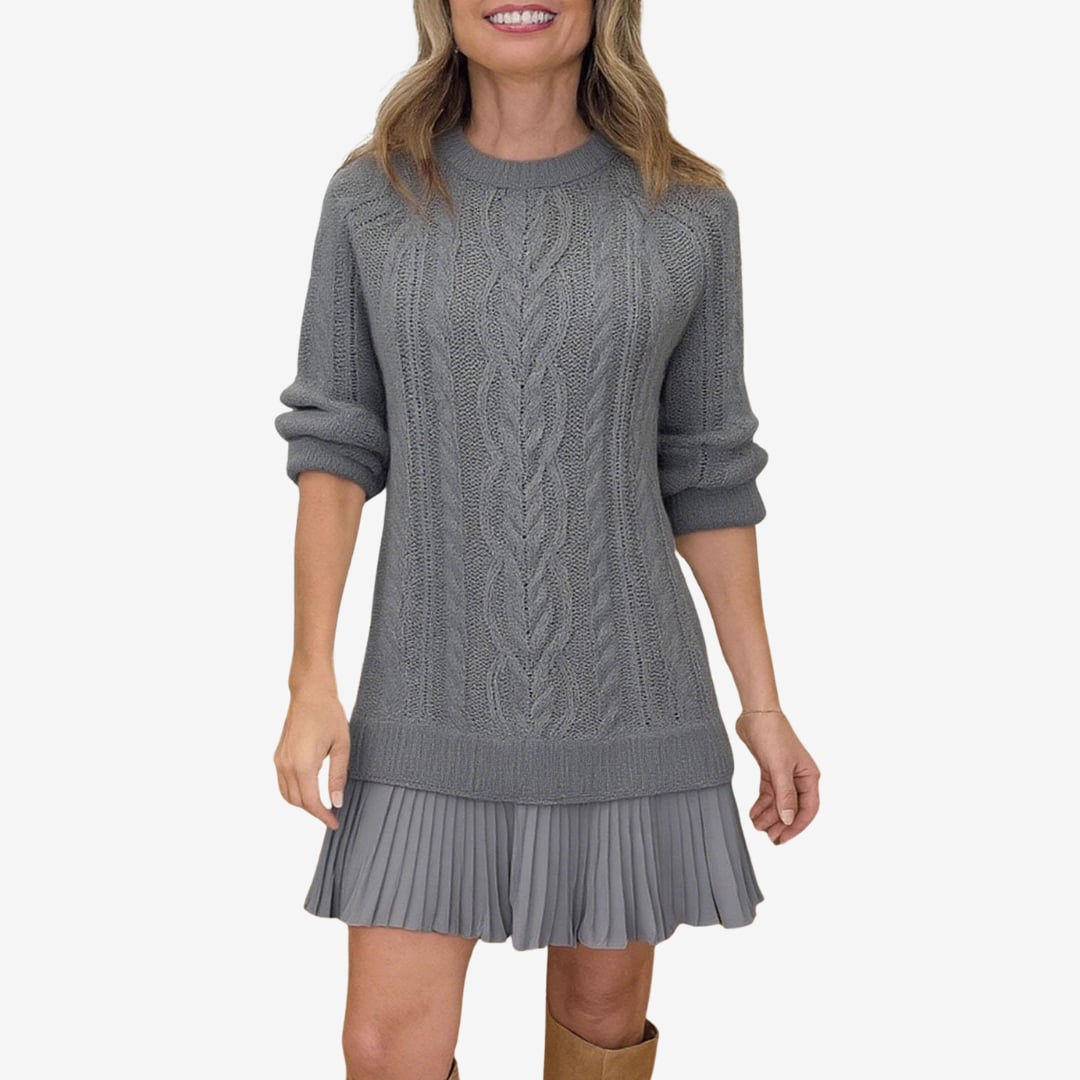 Grace sweater dress styled with tights and knee-high boots for a chic, versatile everyday outfit
