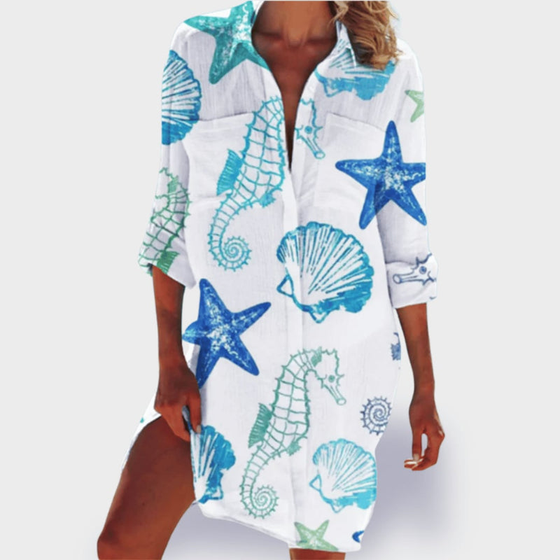 Front view of the Grace draped summer dress showing its relaxed flowing silhouette