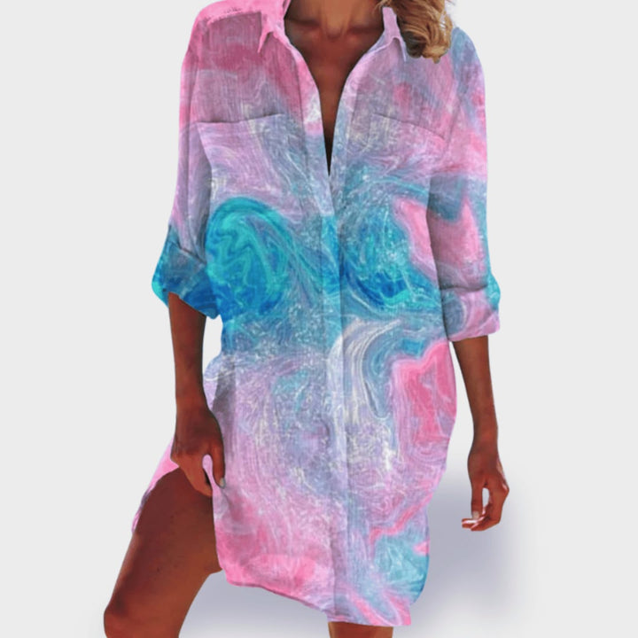 Side profile of the Grace flowy dress highlighting the graceful drape and coverage