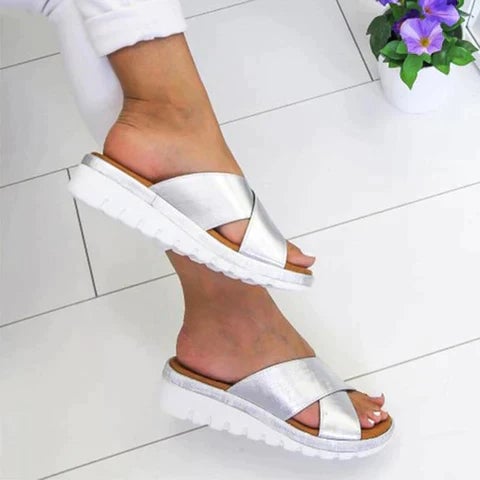 Grace orthopedic sandals in gold shown from a side profile angle