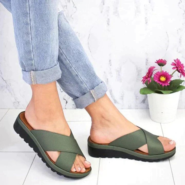 Overhead flat-lay of all four Grace sandal color options: silver, gold, black, and green