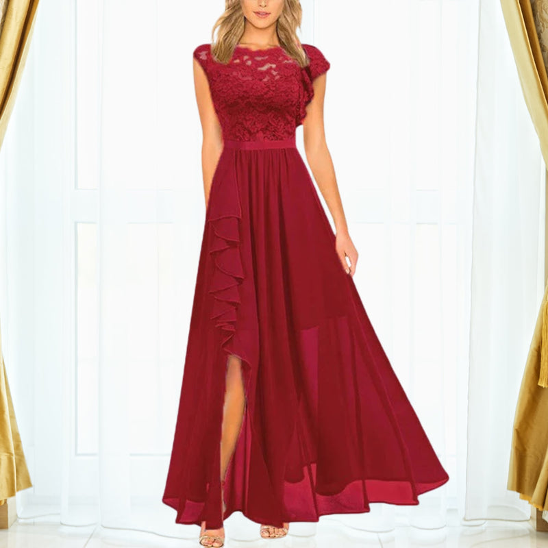 Grace lace chiffon maxi dress styled for a formal occasion, available in black, navy blue, pink, and red