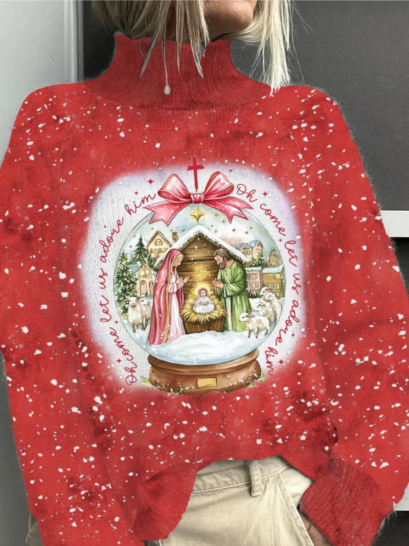 Red cozy Christmas sweater with a festive holiday design, shown in a flat lay view