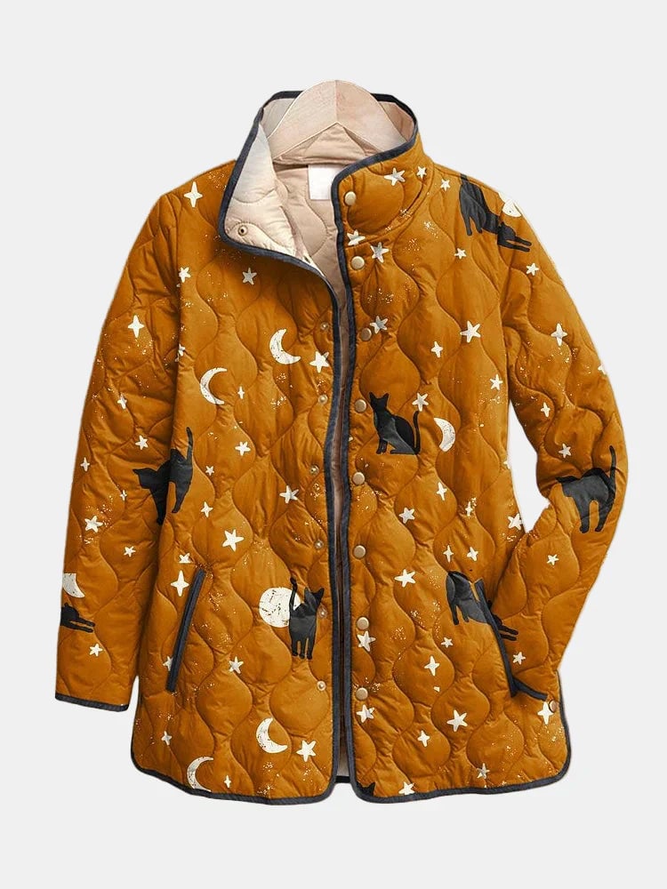 Woman wearing an orange casual quilted jacket with a relaxed fit, shown from the front against a neutral background