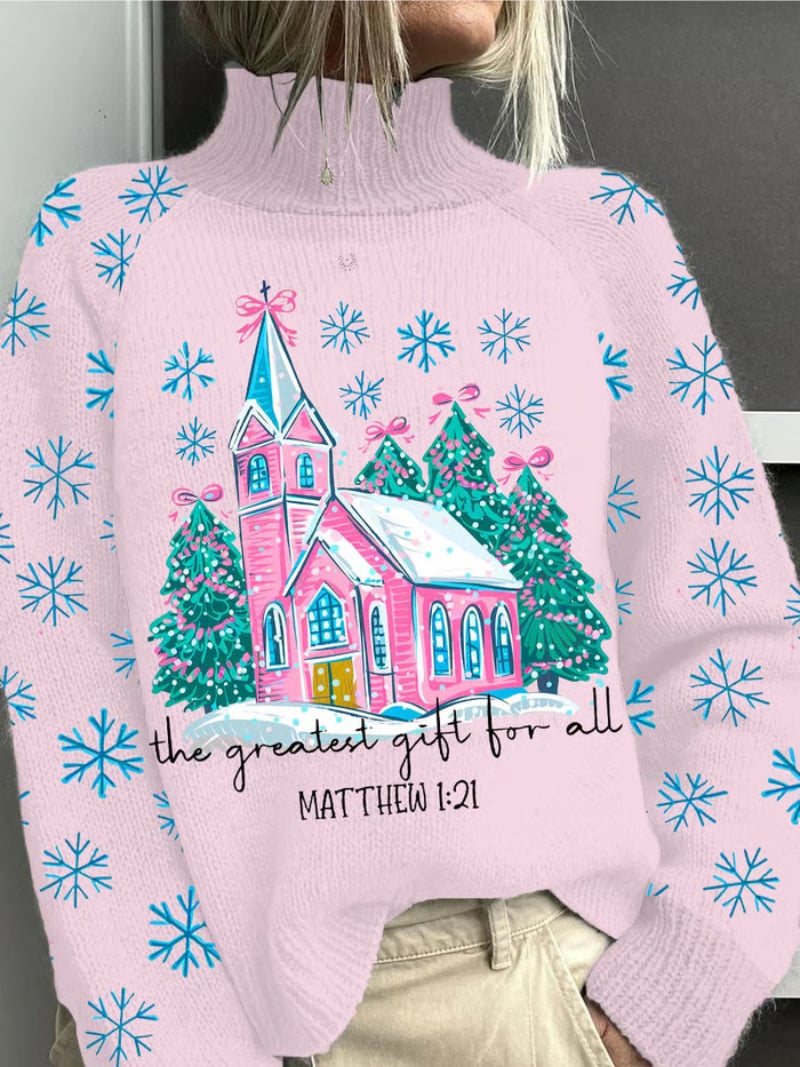 Woman wearing a pink elegant Christmas sweater with a flattering festive silhouette