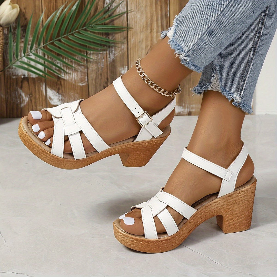 Greta wedge sandals in white, close-up of strap and buckle detail