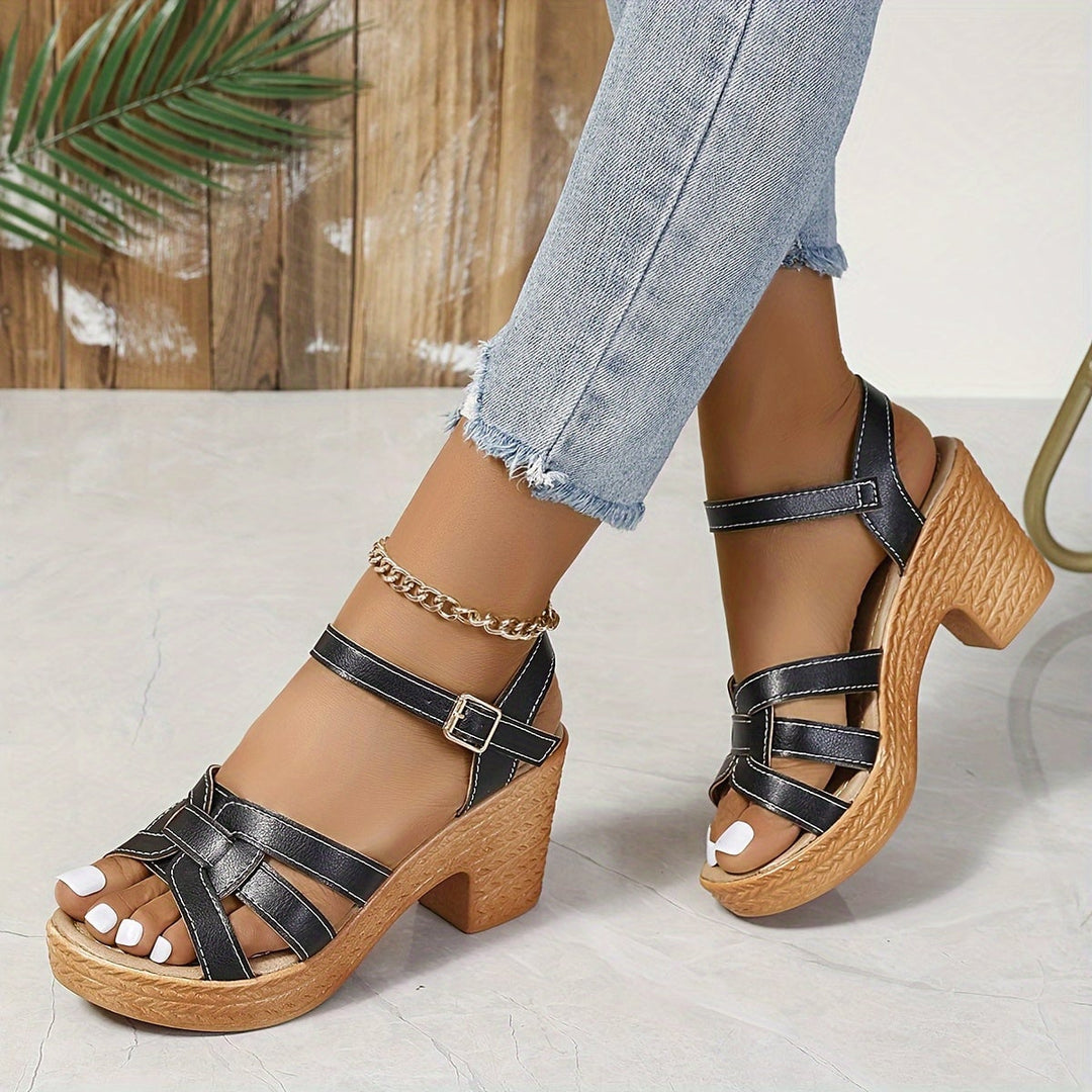 Greta wedge sandals in dark brown, rear view with strap detail