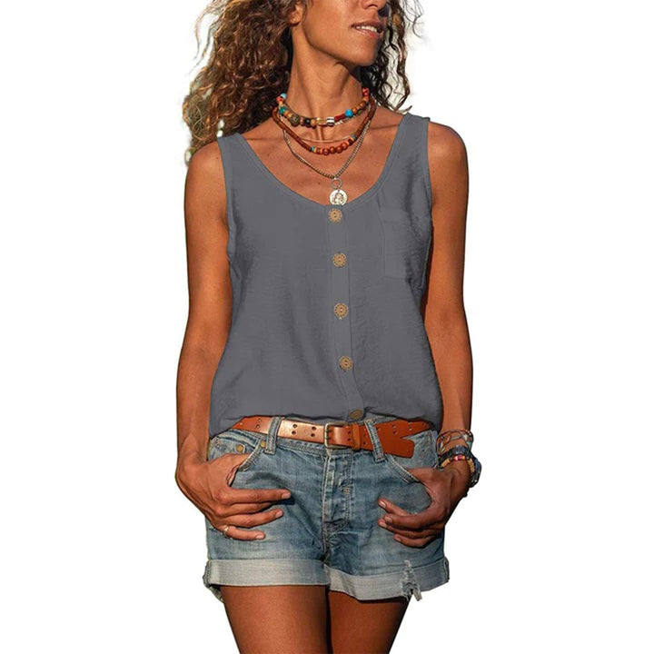 Front view of the Gwen casual sleeveless loose-fit top in gray on a model