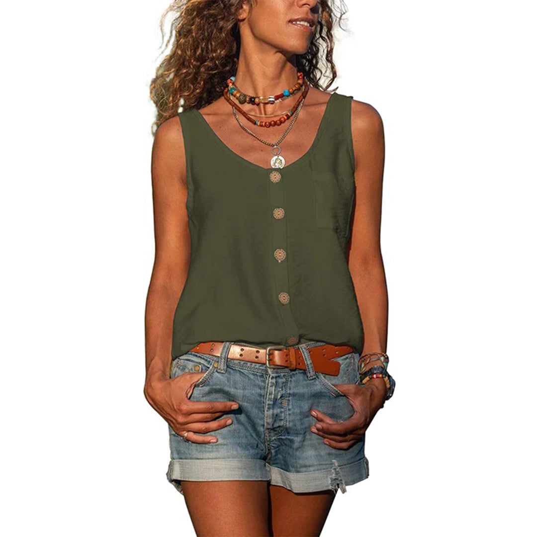 Close-up of the Gwen loose-fit sleeveless top fabric texture in army green