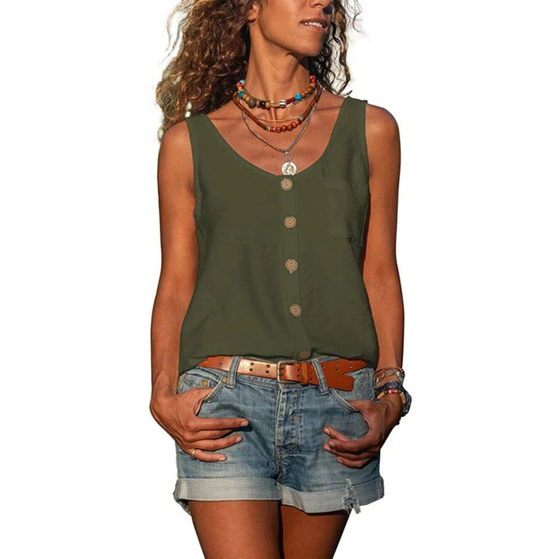 Close-up of the Gwen loose-fit sleeveless top fabric texture in army green