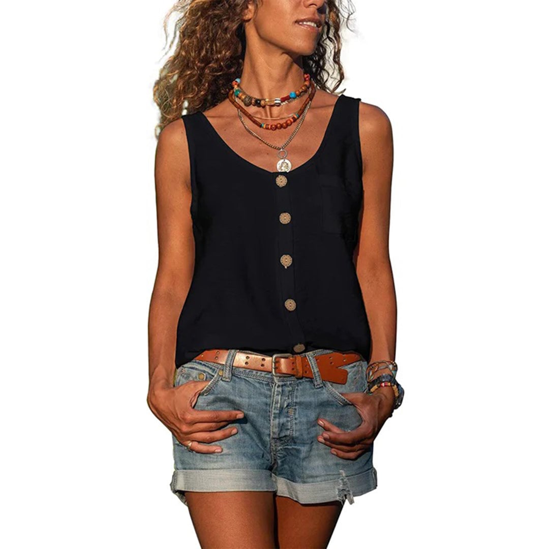Gwen casual loose-fit sleeveless top in black, versatile everyday style
