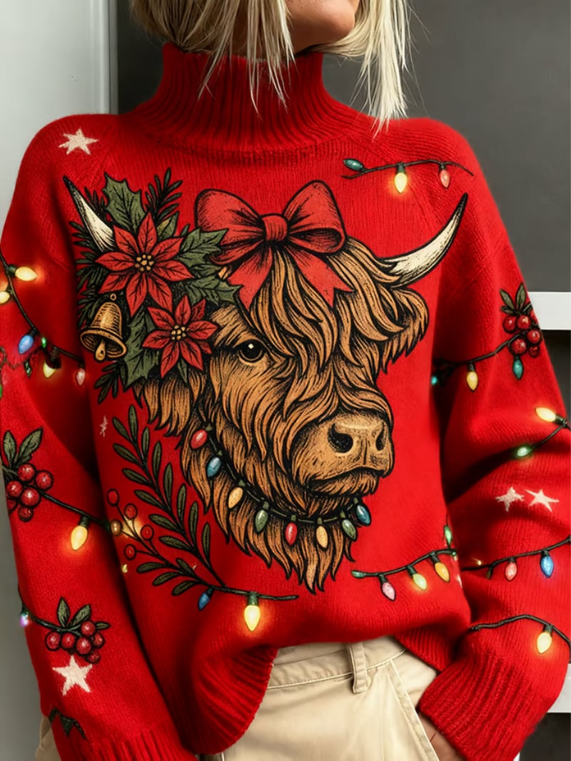 Woman wearing a red classic Christmas sweater with festive seasonal detailing, shown in a flattering relaxed fit