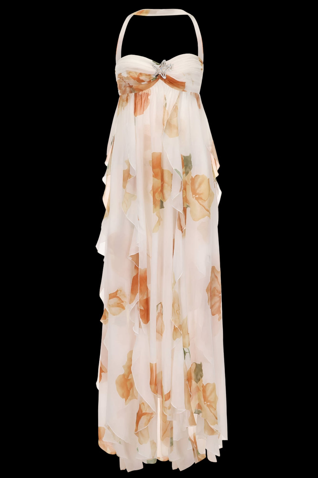 Close-up of the halter neckline and empire waist detail on a flowing maxi dress