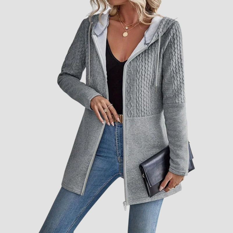 Woman wearing the Hadley zip-up hoodie in a relaxed fit, styled casually for everyday wear