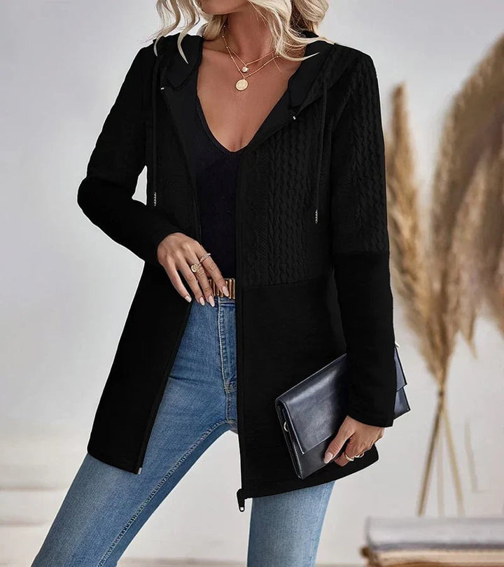 Close-up front view of the Hadley zip-up hoodie showing full-length zipper and soft fabric detail