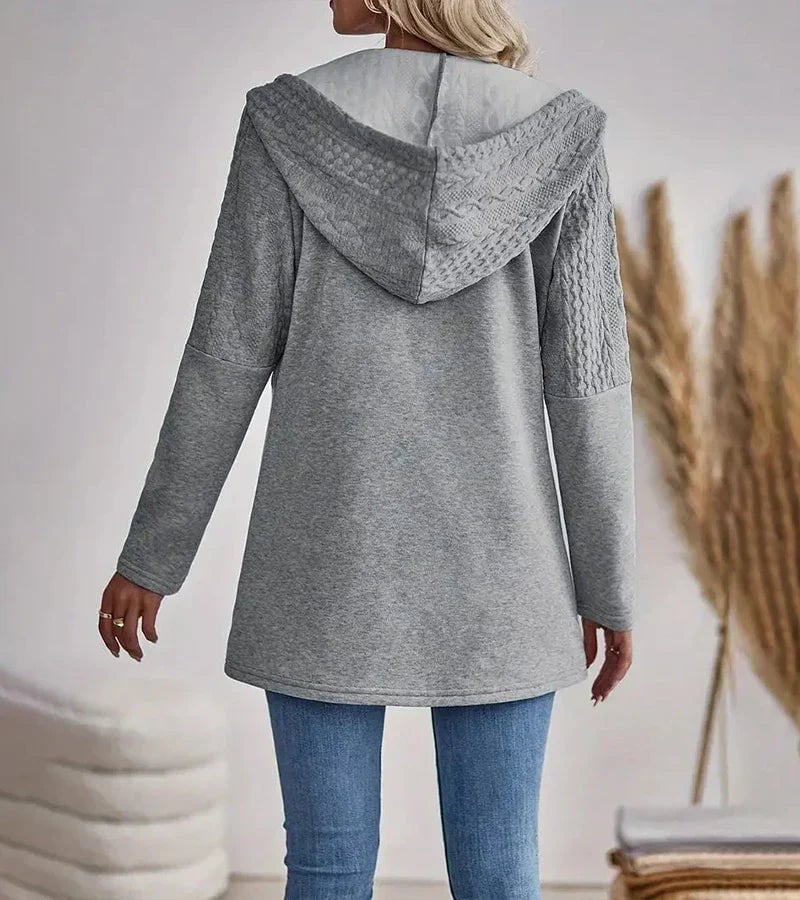 Detail shot of the Hadley zip-up hoodie zipper and fabric texture