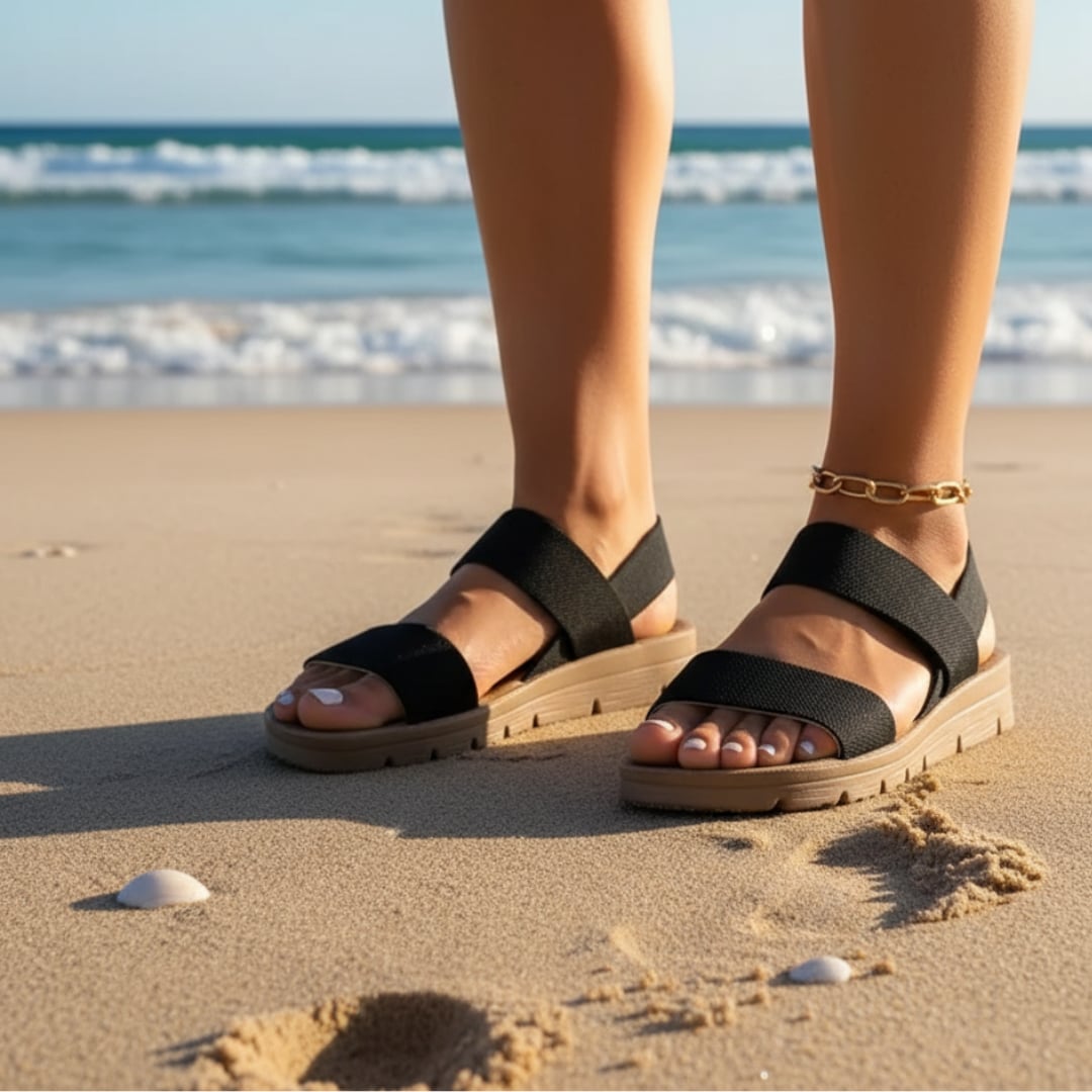 Hadley women's orthopedic adjustable sandal in black, front three-quarter view showing cushioned footbed and adjustable straps