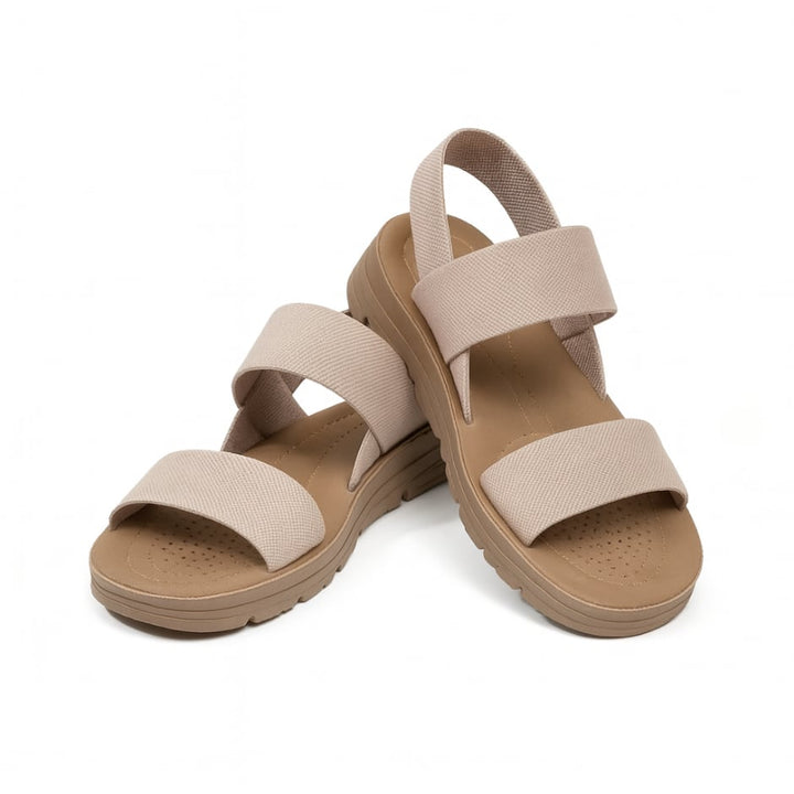 Pair of Hadley orthopedic sandals in black displayed flat, top-down view
