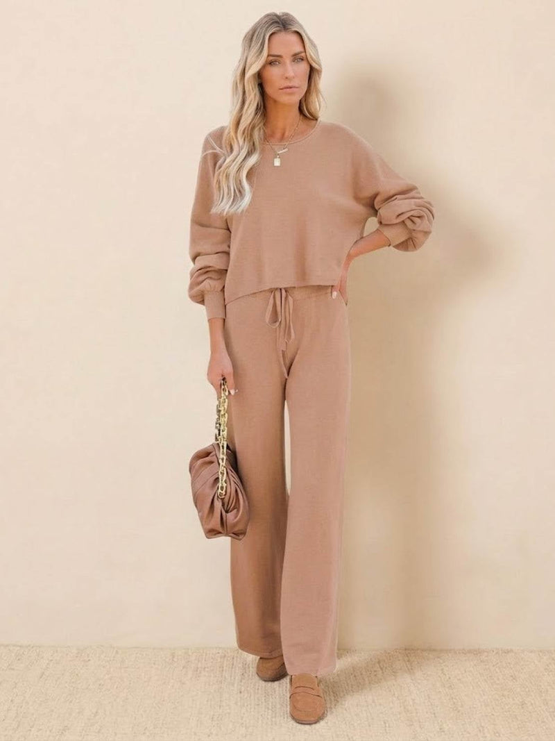 Front view of the Hailey tonal matching lounge set in apricot showing cropped sweatshirt and wide-leg pants