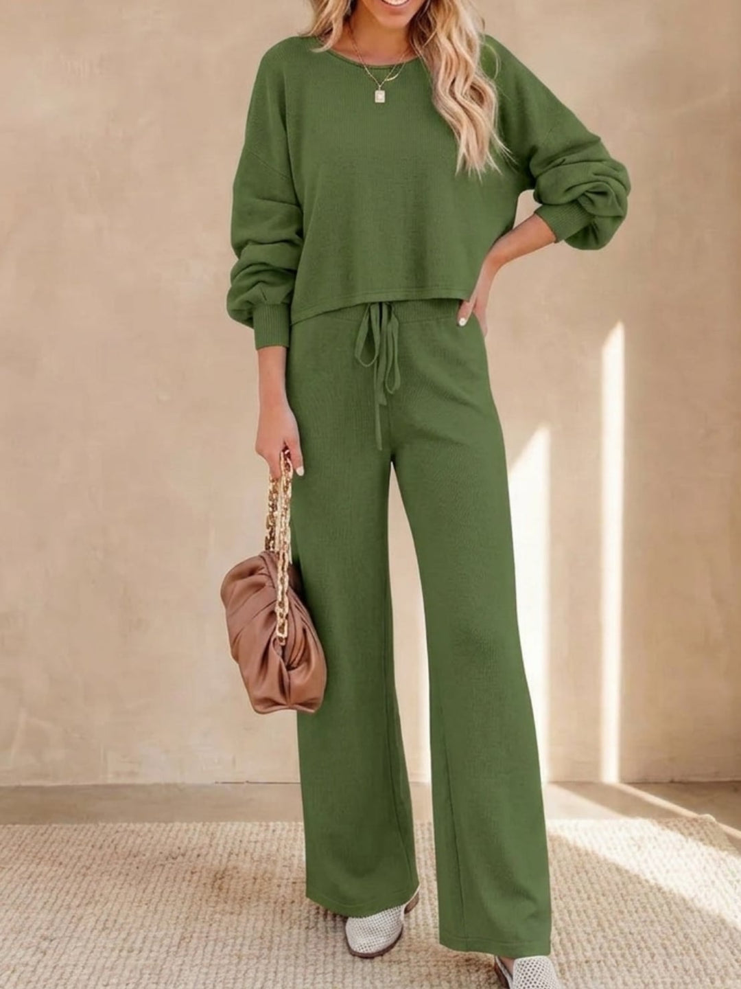Front view of the Hailey two-piece lounge set in khaki