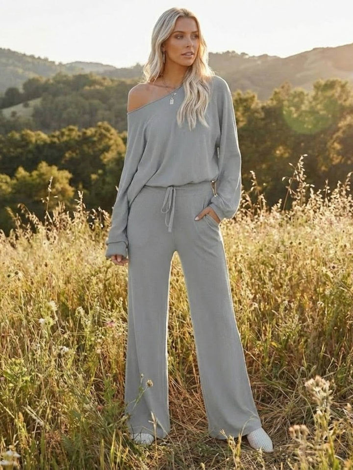 Front view of the Hailey tonal cropped sweatshirt and wide-leg pants set in green