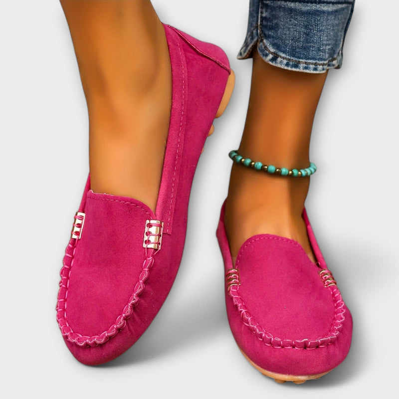 Close-up of Haley moccasin slip-on highlighting the cushioned insole and handcrafted stitching detail