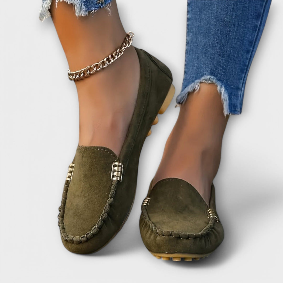 Haley moccasin slip-on in gray colorway against a clean white background
