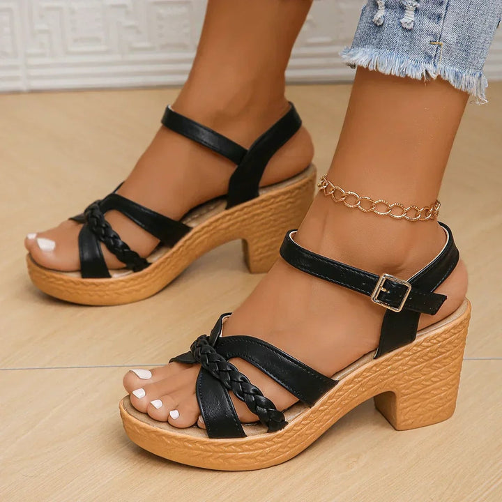 Halle adjustable sandals in white shown from a side angle highlighting the mid heel
