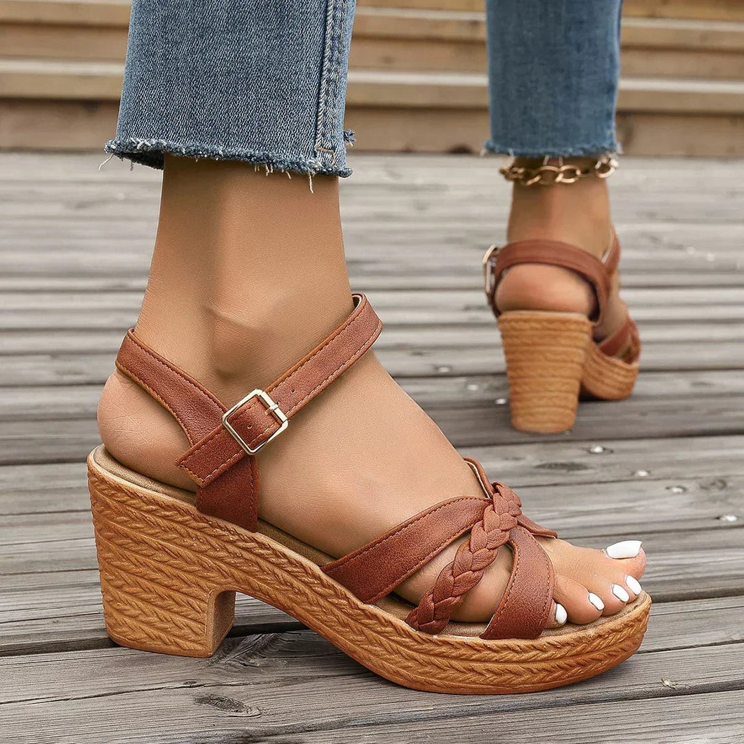 Side profile of the Halle women's sandals in green showing the cushioned insole and heel height