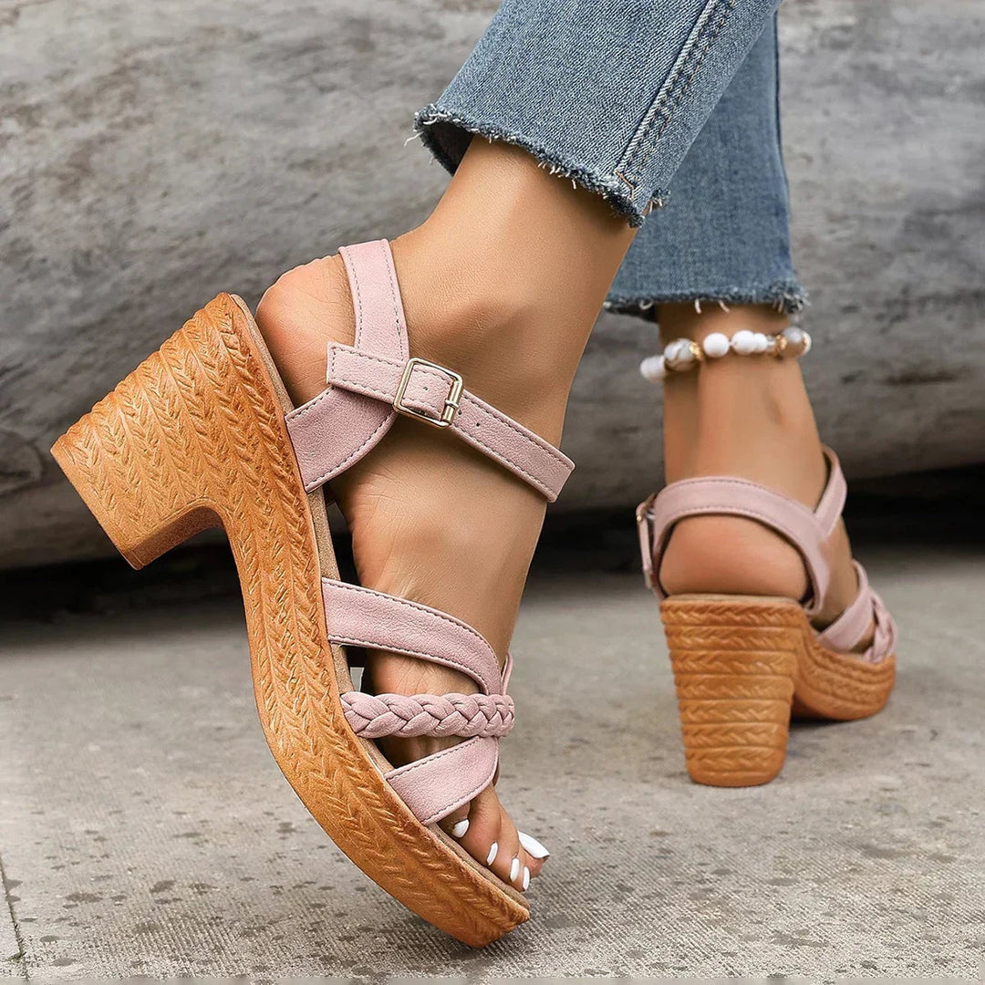 Halle adjustable sandals in pink styled with a flowy midi dress