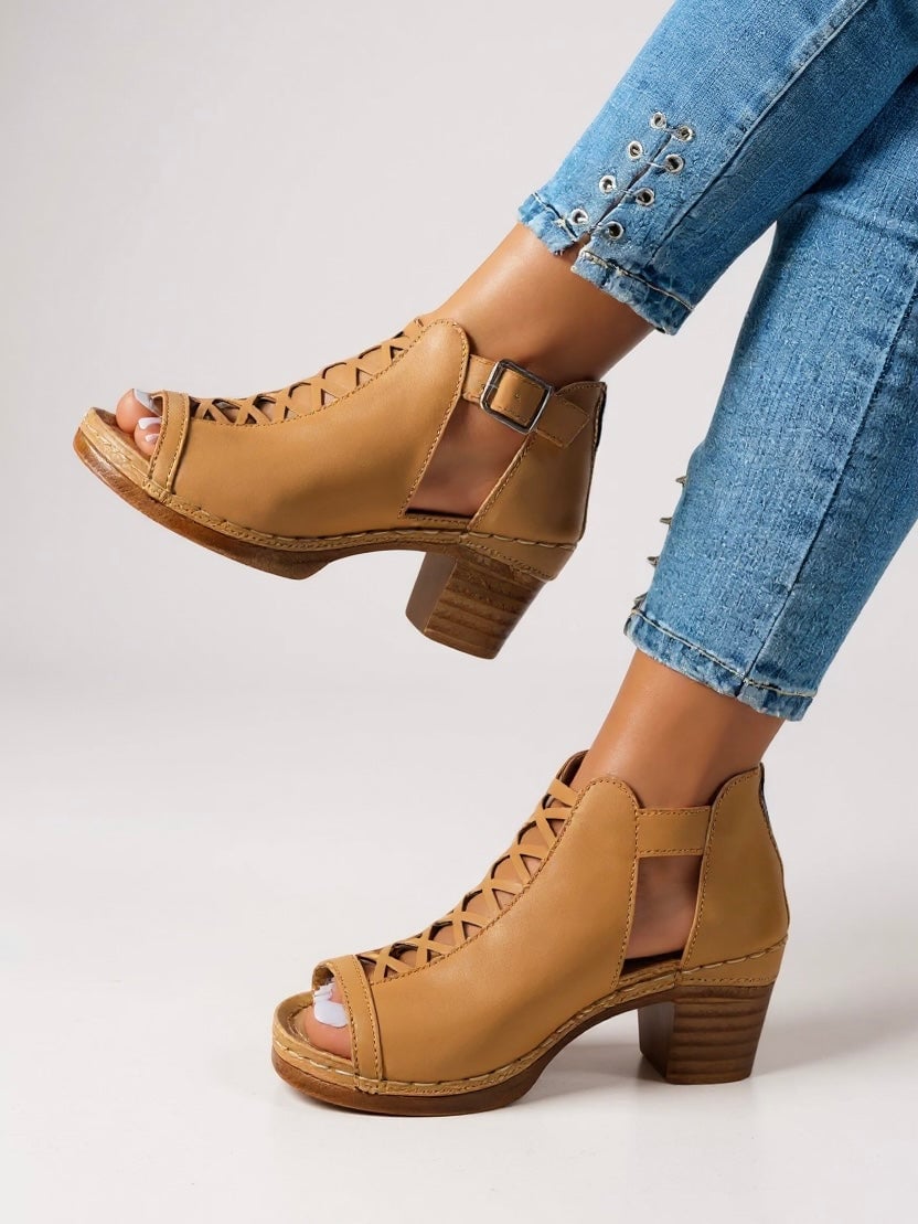 Halle sandals in light brown showing criss-cross strap detail from above