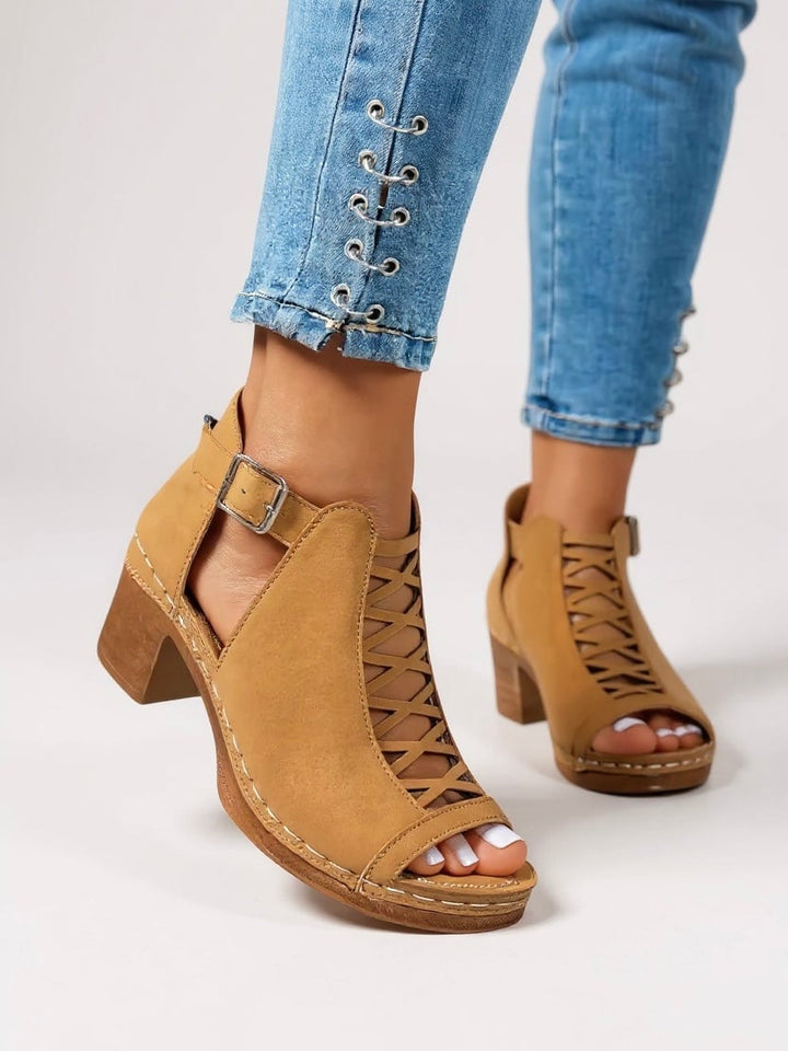 Side profile of Halle women's sandals in light brown showing cushioned footbed and sole