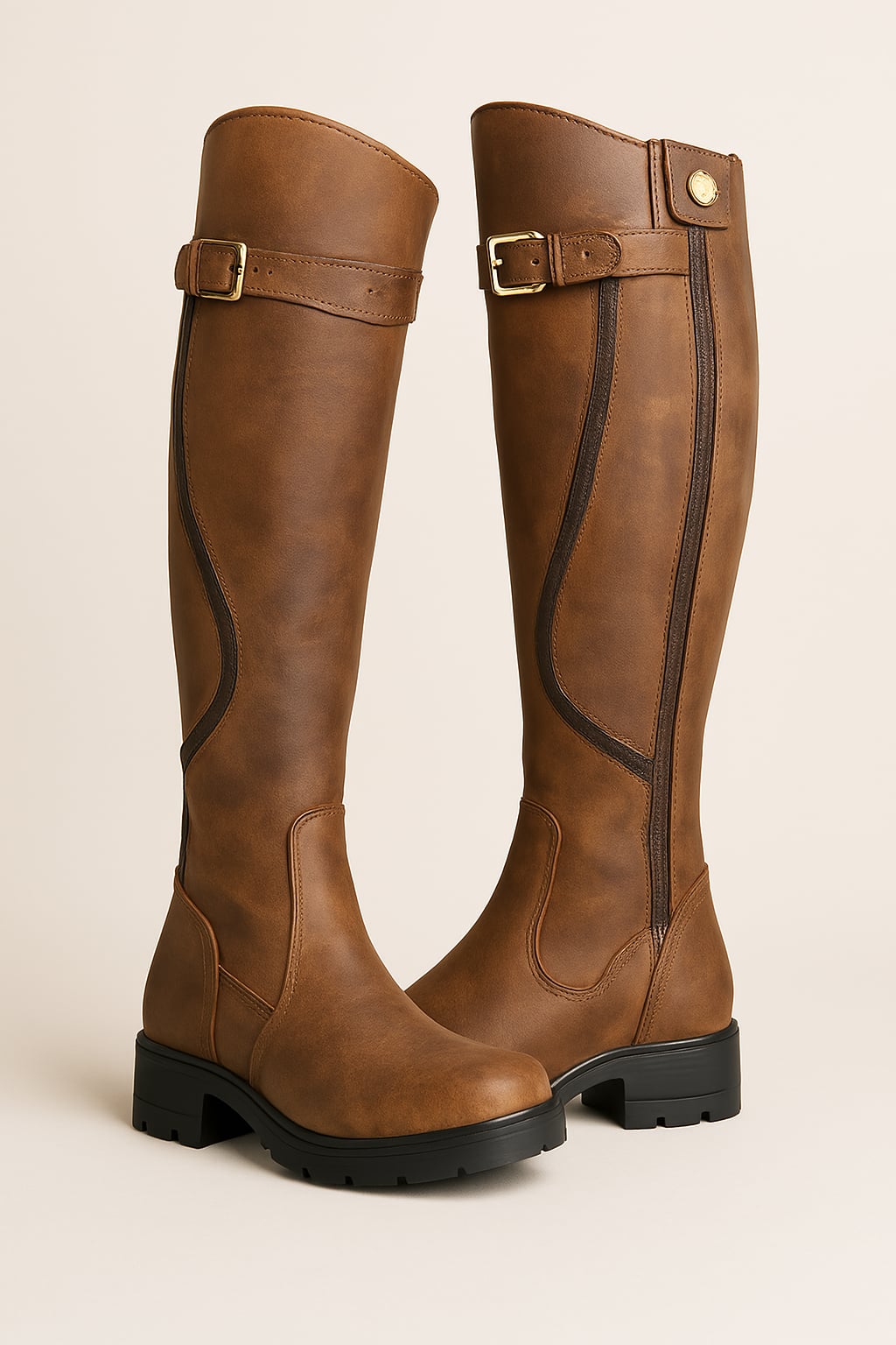 Woman wearing brown tall high boots with a sleek leg-lengthening silhouette, styled for everyday wear