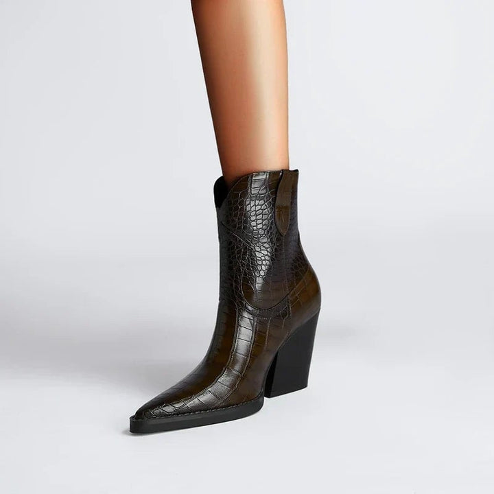 Women wearing Westy ankle boots in dark brown styled with straight-leg jeans