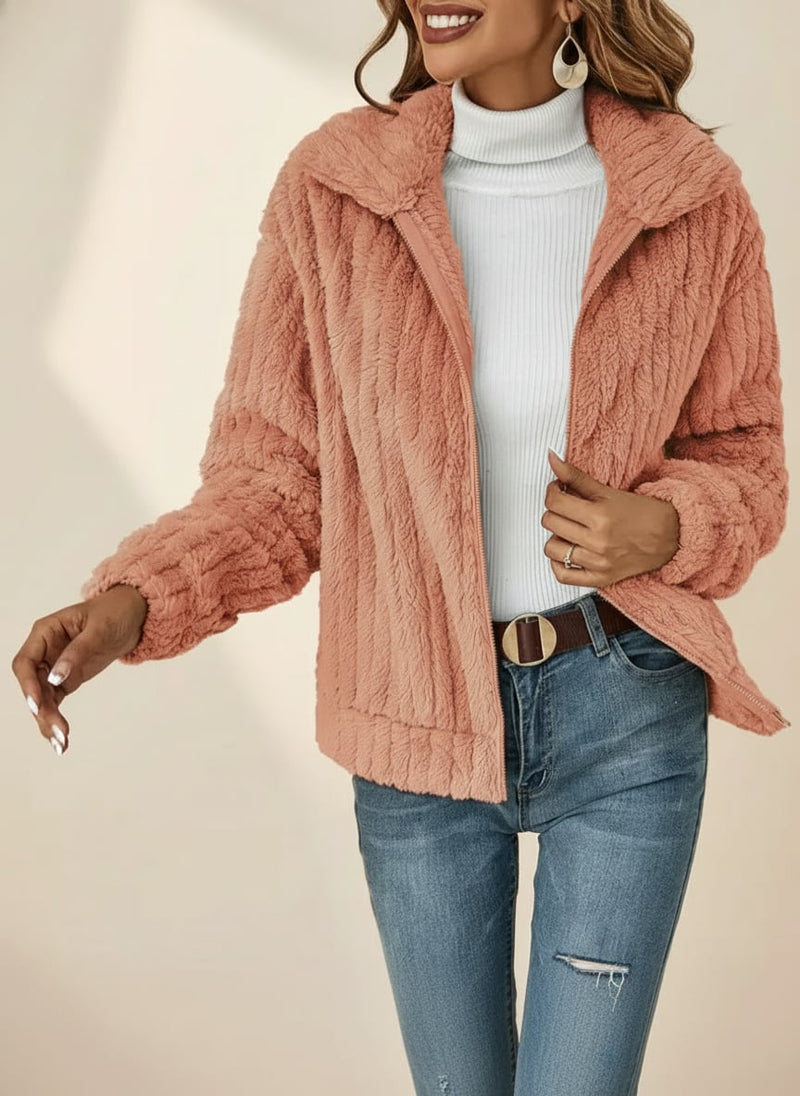 Hannah casual cardigan in apricot, relaxed open-front style with soft draping fabric, shown from the front