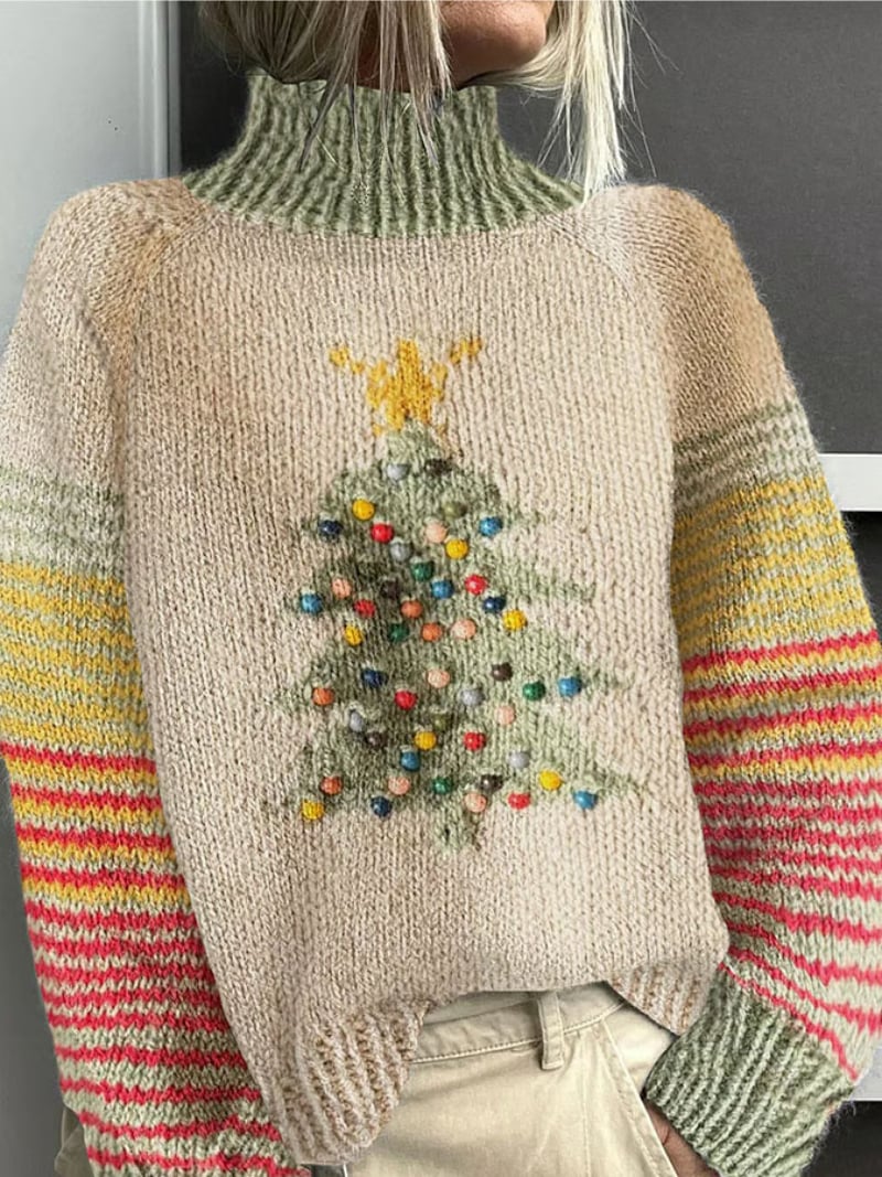Woman wearing a multicolor festive Christmas sweater with a flattering tailored fit, styled for holiday gatherings