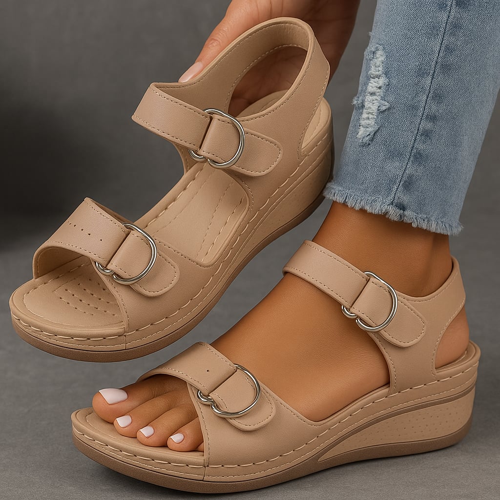 Harlow women's orthopedic cushioned sandal in brown, side profile view
