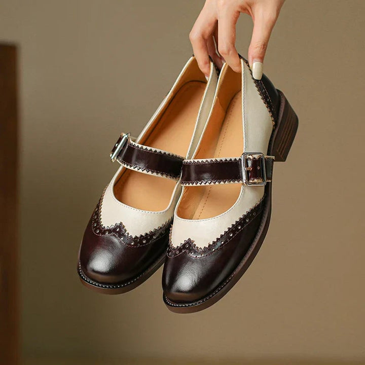 Top-down view of Harlow two-tone mary jane shoes highlighting black and cream contrast design
