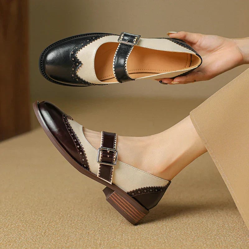 Harlow two-tone leather mary jane shoes styled with wide-leg jeans, full outfit flat lay