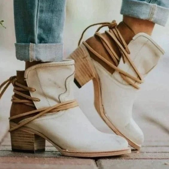 Harlow western lace-up ankle booties with stacked block heel in beige, front view